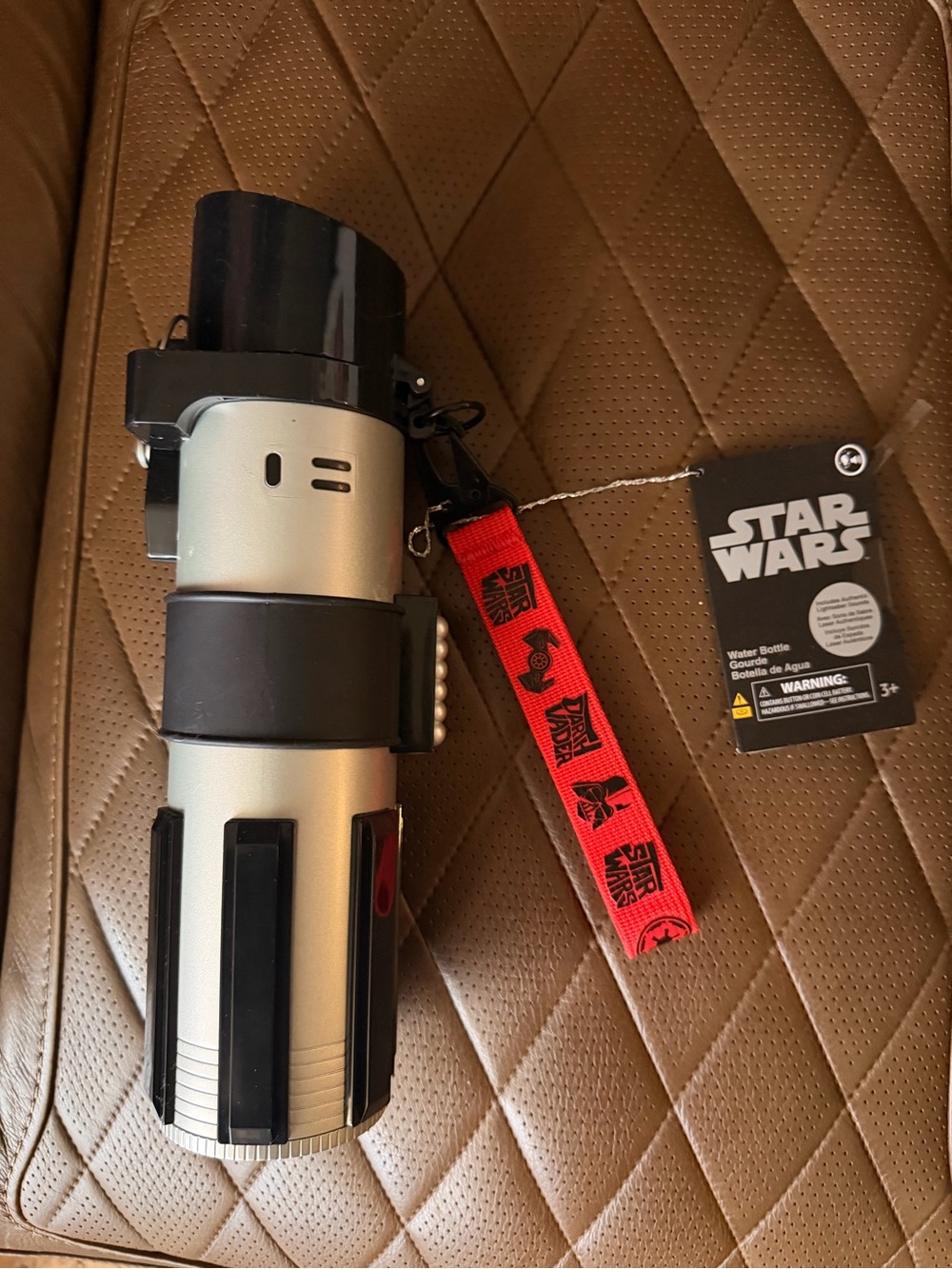 Star Wars Silver & Black Lightsaber Water Bottle with Red Lanyard Strap